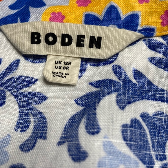 Boden Blue and White Floral Print Long Sleeve Linen Dress Mosaic Bloom Size 8 - Picture 6 of 8